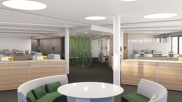 Offen gestaltete Büroflächen mit Gesprächsinsel. Symbolbild © Maurer & Partner Architekten