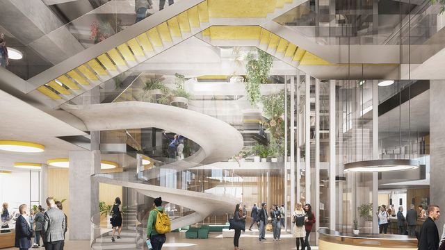 Das Atrium ist wie ein gemeinsamer Innenhof. Mehrere Treppen führen in die höhergelegenen Zonen der Bank. Im EG befinden sich Hotelrezeption und Bankstelle. © Pichler und Traupmann Architekten (pxt) | Visualisierung @ Patricia Bagienski-Grandits