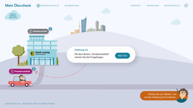 Es geht los mit den ersten Öko:check Fragen zu Pendelmobilität. © M.O.O.CON in der Erstanwendung der Stadtverwaltung der Stadt Leipzig