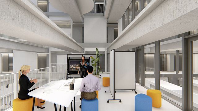 …wechselt zwischen flexibel nutzbaren, offenen und geschlossenen Bereichen ab. So findet sich für jede (Beratungs-)Tätigkeit die passende Zone. © Pichler und Traupmann Architekten (pxt) | Visualisierung @ Patricia Bagienski-Grandits