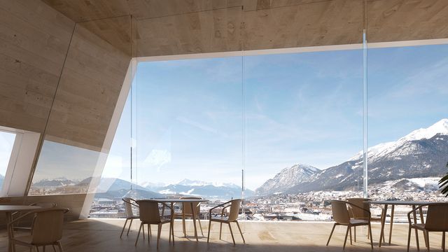 Das Restaurant und die Skybar sind als schwebende Plattform im obersten Geschoß angesiedelt und warten mit 360-Grad-Ausblick ins Ober- und Unterinntal auf. © Pichler und Traupmann Architekten (pxt) | Visualisierung @ Patricia Bagienski-Grandits