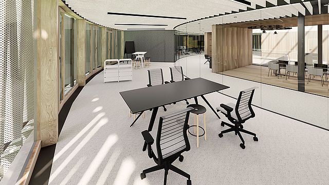 Im Projektraum können MitarbeiterInnen aus unterschiedlichen Abteilungen zusammenarbeiten © INNOCAD Architektur ZT GmbH
