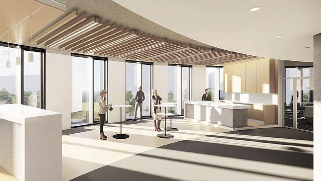 Helle Lounges in den Bürogeschossen werden zum Treffpunkt. © ATP architekten ingenieure