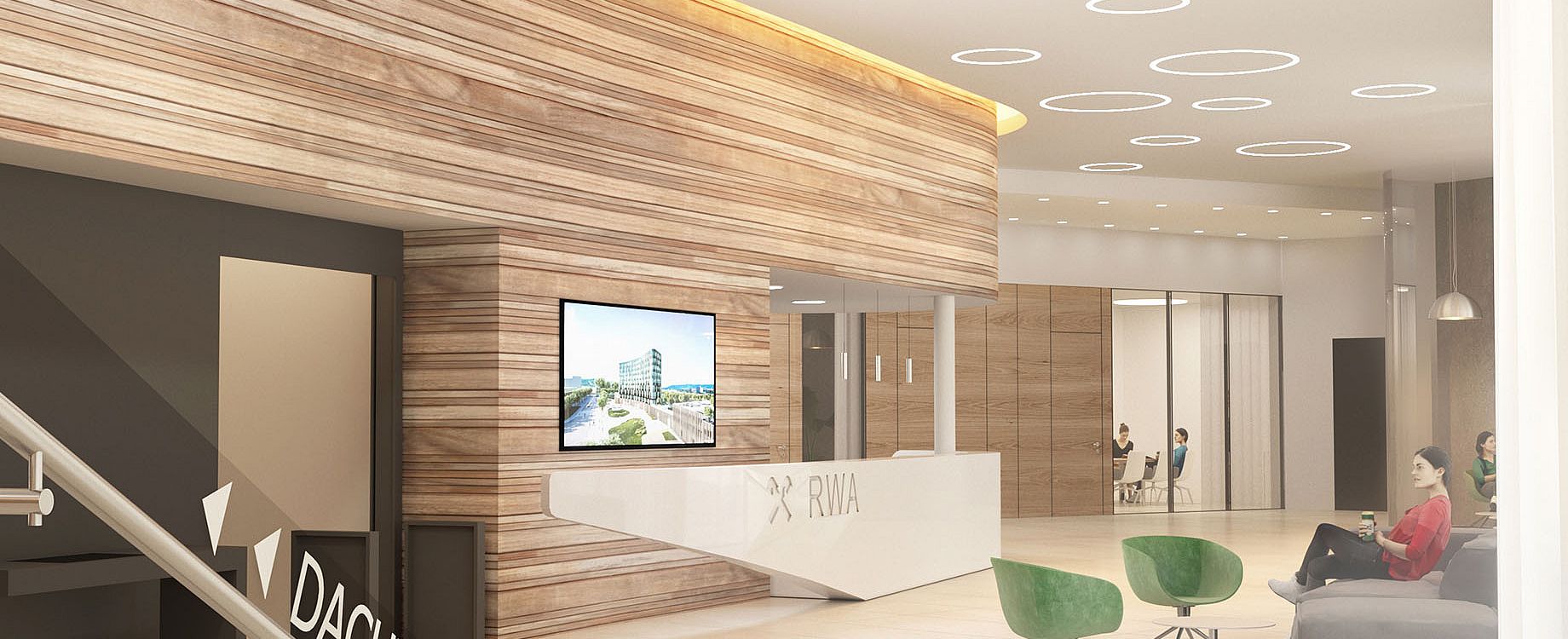 Ein Rendering der Lobby im Erdgeschoss des neuen Bürogebäudes. Symbolbild © Maurer & Partner Architekten